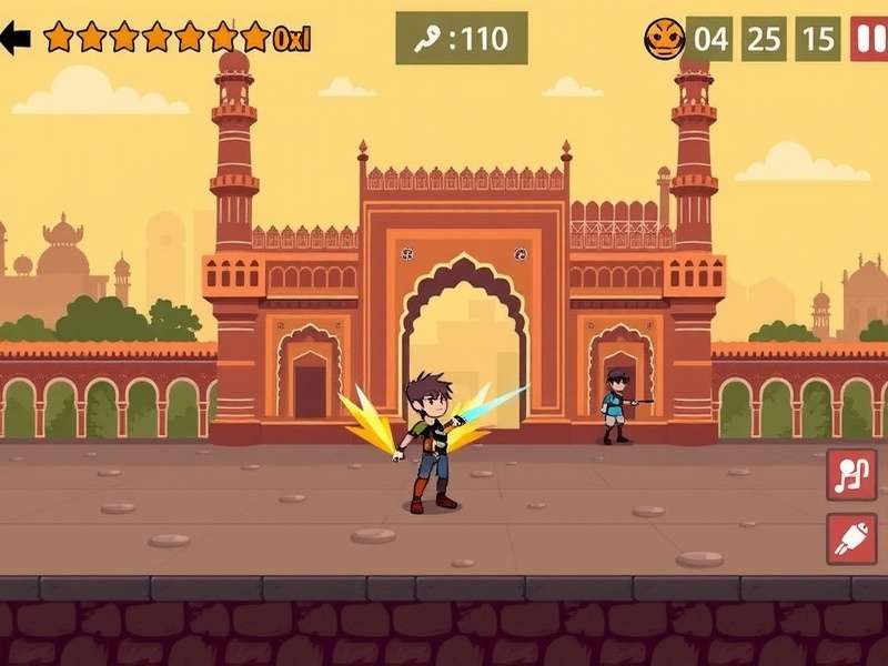 Hyderabad Pixel Quest gameplay screenshot showing character in front of Charminar